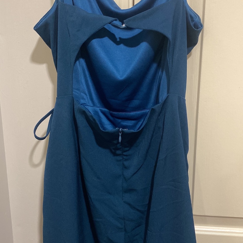 Teal wrap dress with open back